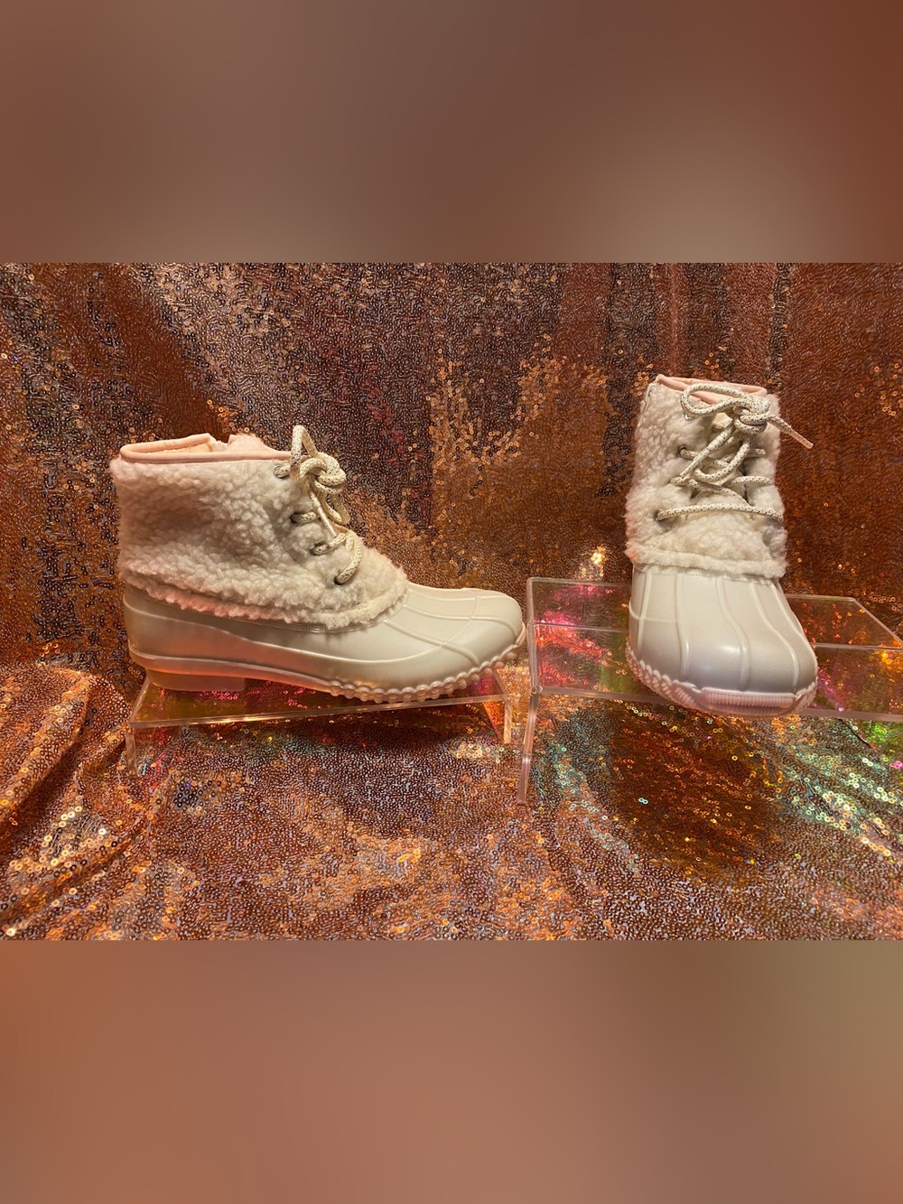 Magellan Outdoors Girls 4D Cream Sherpa Duck Boots | Pink Trim Winter Boots